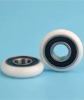 Super Dope 10 Pack Of Circular Arc Plastic Coated Bearings 6202RS shown on blue background, featuring rust proof sealed design and nylon coating.
