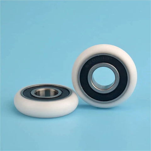 Super Dope 10 Pack Of Circular Arc Plastic Coated Bearings 6202RS shown on blue background, featuring rust proof sealed design and nylon coating.