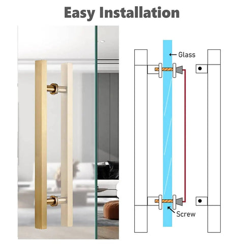 Gold Square Sliding Barn Door Handle For Front And Glass Doors Dope Push Pull Door Pulls For Hotels And Offices Heavy Duty Door Hardware 12mm Thick Panels Easy Install Available In 80cm 120cm And 90cm Lengths installed on glass door with installation diagram.