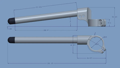 Technical drawing of Clip On Handlebars for ZX25R ZX4R ZX4RR ZX4R SE 45mm Front End Clamp CNC Aluminum 6061 T6 Lightweight Adjustments