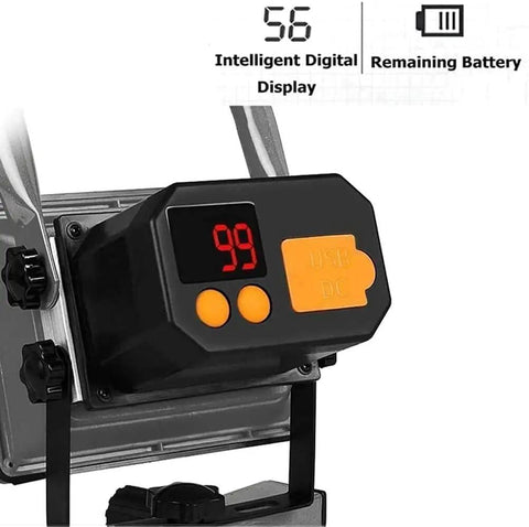 JUDYSSY Led Floodlight 200W Led Floodlight with Remote Control digital display showing battery life and power settings.