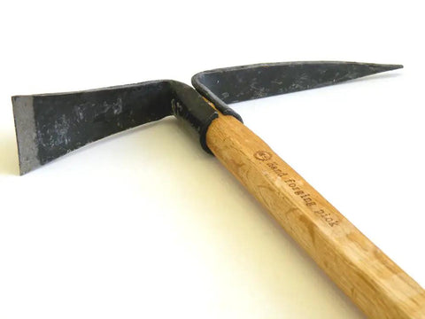 Forged Extra Thick Steel Weeding Hoe And Pick Mattock, Prospector Adze Style Handheld Digging Tool, wooden handle detail