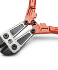 Close-up of 24-Inch High Leverage Compound Bolt Cutter With Stabilizer Handles, Center-Cut Jaws, metal cutting tool.