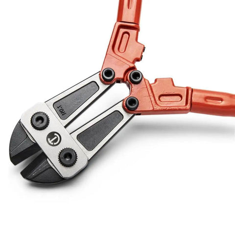 Close-up of 24-Inch High Leverage Compound Bolt Cutter With Stabilizer Handles, Center-Cut Jaws, metal cutting tool.