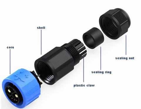 Rock Solid M23 8 Pin Waterproof Wire Connector IP67 Rated with detailed parts including shell, core, and sealing components.