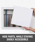 No Sweat Flush Or Surface Mount Wall Access Panel With Uv Resistant Finish Heavy Duty Frame And Screw Lock Child Safe Cover, 14x29 inch access panel with a visible plumbing line.