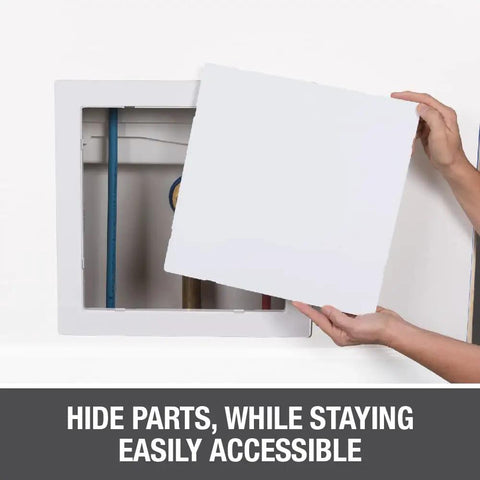 No Sweat Flush Or Surface Mount Wall Access Panel With Uv Resistant Finish Heavy Duty Frame And Screw Lock Child Safe Cover, 14x29 inch access panel with a visible plumbing line.