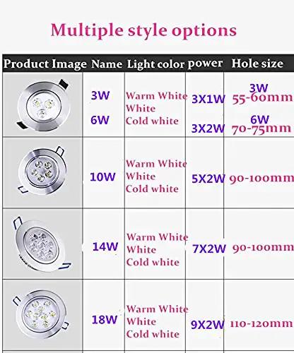 Multiple style options for DWLANMLHYA LED Recessed Ceiling Lights 3W 6W 10W 14W 18W COB Spot with hole sizes and light color details.