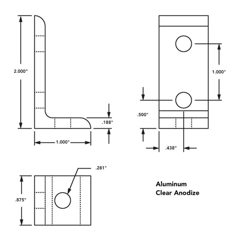 Technical diagram of 10 Series Aluminum 90 Degree Inside Corner Bracket with three 0.281 inch holes for T Slot Extrusion Projects.