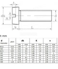 Dimensions and specifications chart for Top Shelf Brass Slotted Cheese Head Machine Screws Assortment Kit in mm.