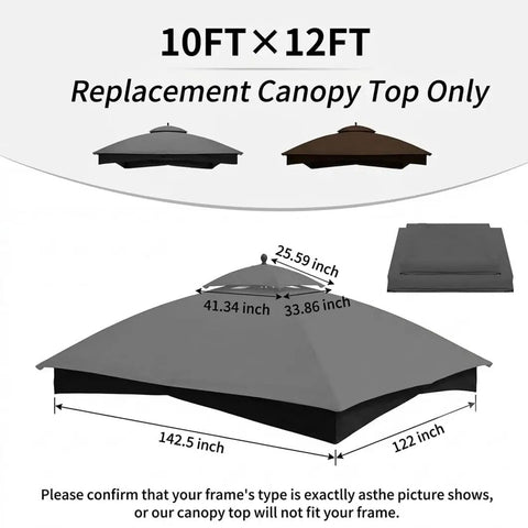 Replacement Canopy Top 10x12 For Gazebo With Installation Hook Double Tier Patio Roof Cover UV Resistant Grey Outdoor Canopy For BBQ Grills Easy Install Shade Solution For Your 10x12 Gazebo. Grey double-tier canopy top with measurements for 10x12 gazebo.