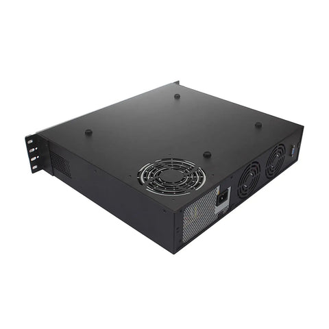 Beefy Two U Network Router Pc Powered By Intel Core I7 4770 Loaded With Sixteen Gig Ram And Five Hundred Twelve Gig Ssd Churning Out Smooth Pfsense Or Opn Sense Firewall Defense Across Six Point Two Five Gigabit Lans And Four Sfp Plus Ports Optimized For - side view with vents and power input.