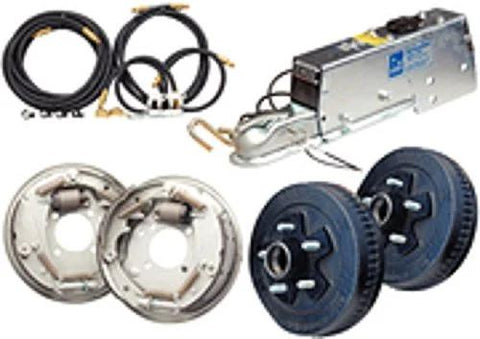 Front view of Tie Down Engineering hydraulic drum brake kit with 10in drum, 6,600-lb actuator, 5-lug hubs