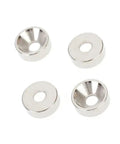 Set Of 4 Chrome Guitar Neck Joint Ferrule Bushings With Matching Screws, Zinc Alloy Replacement Parts, Durable And Easy To Install, Ideal For Replacing Worn Or Damaged Guitar Or Bass Hardware. Four chrome zinc alloy ferrule bushings shown