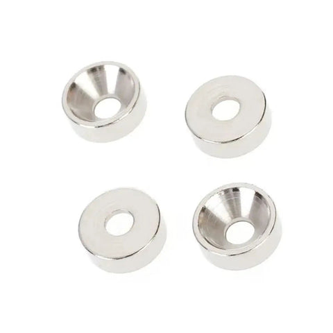 Set Of 4 Chrome Guitar Neck Joint Ferrule Bushings With Matching Screws, Zinc Alloy Replacement Parts, Durable And Easy To Install, Ideal For Replacing Worn Or Damaged Guitar Or Bass Hardware. Four chrome zinc alloy ferrule bushings shown