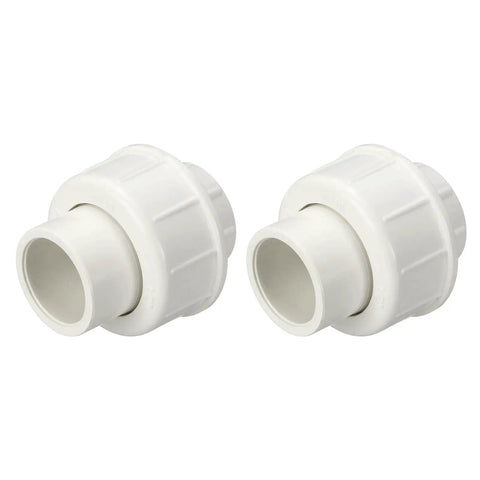 Two Pack One Half Inch PVC Union Coupling Fittings Slip Socket To Socket For Schedule Forty PVC Pipes Furniture Grade PVC Heavy Duty Leak Free Connector For Pipe Setup And Hose Extensions White, showcasing white couplings.