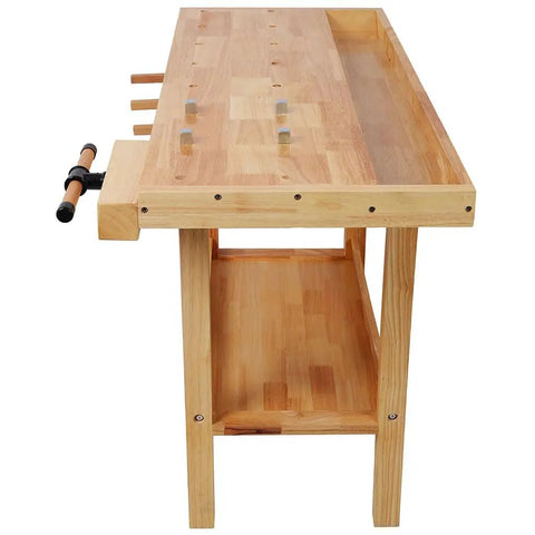 Side view of 48 Inch Heavy Duty Workbench With 330 Pound Capacity Solid Rubber Wood Construction Drawer Storage And Shelves