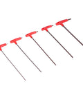 Hardcore Five Piece T Handle Hex Wrench Kit Made From Tough S2 Alloy Steel With Grippy Handles For Zero Slipping When Tightening Bolts In Auto Repair Or CNC Machine Maintenance In Tight Spaces And Gnarly Jobs Providing Serious Torque For Pros. five red T-handle hex wrenches set
