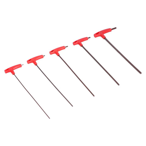 Hardcore Five Piece T Handle Hex Wrench Kit Made From Tough S2 Alloy Steel With Grippy Handles For Zero Slipping When Tightening Bolts In Auto Repair Or CNC Machine Maintenance In Tight Spaces And Gnarly Jobs Providing Serious Torque For Pros. five red T-handle hex wrenches set