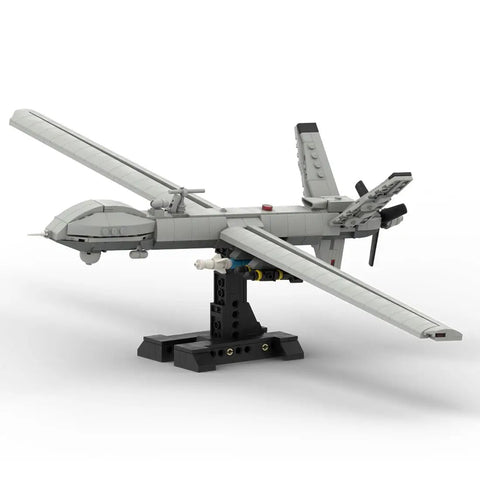 MQ-9 Reaper UAV Building Blocks Model Kit With 722 Pieces, side view on stand, realistic military aircraft display for adults