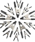 Amazon Basics 20-piece steel spring clamp set with black PVC-coated tips, arranged in a circle.