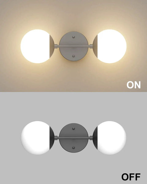 Black Two Light Globe Wall Sconce Modern Indoor Lighting For Living Room Bedroom Hallway Bathroom With 3000K G9 Bulbs Included Hardwired Easy Install Today, shown on and off