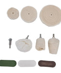 Hardcore 10 Piece Cotton Flannel Buffing Wheel Kit Includes Heavy Duty Wax Rod To Score That Slick Mirror Shine On Marble Glass And Stainless Steel Without The Hassle, featuring various buffing wheels and wax sticks.