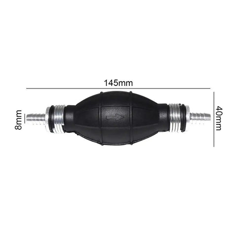 8Mm Black Primer Bulb Rubber Fuel Pump For Easy Hand Priming And Vacuum Transfer Of Gasoline Petrol Diesel In Marine Boats And Small Engines Carburetor And Low Pressure Fuel Systems Durable Rubber Aluminum Construction, side view with measurements