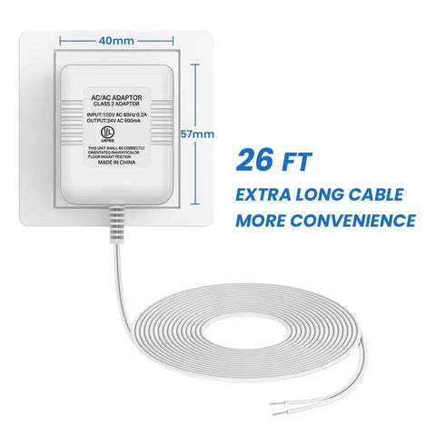 UL Certified 24V Thermostat C Wire Transformer with 26FT power cable, showing dimensions and label details, white adapter.