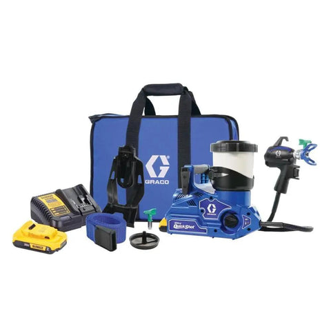 Badass Heavy Duty Electric Airless Paint Sprayer With Slick QuickShot Trigger And Precision Dial Flow System, complete with accessories and bag.