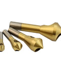 4 Piece Titanium Coated 90 Degree Countersink Drill Bits For Rock Solid Wood Chamfering And Soft Metal Deburring set shown from above