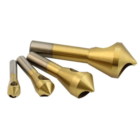 4 Piece Titanium Coated 90 Degree Countersink Drill Bits For Rock Solid Wood Chamfering And Soft Metal Deburring set shown from above
