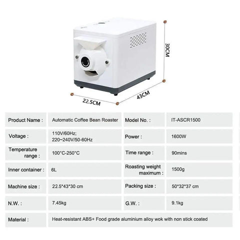 Heavy Duty Electric Coffee Bean Roaster Machine With Rapid Heat Cycling And Fool Proof Timers For Bold Flavor Hits and Easy Peasy Roasting Sessions Straight At Home, 6L, 1600W, white design.