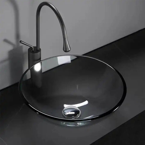 SDVantage Round Tempered Glass Vessel Sink Set for Bathroom Countertop, Above Counter Basin Bowl with modern faucet.
