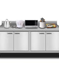 Commercial Grade Stainless Steel Prep Table With Deep Storage Cabinets Tough As Nails Construction For Restaurants Garages Cafes Or Outdoor Workshop Projects 180X80Cm with kitchen equipment on top.