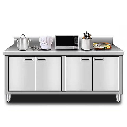 Commercial Grade Stainless Steel Prep Table With Deep Storage Cabinets Tough As Nails Construction For Restaurants Garages Cafes Or Outdoor Workshop Projects 180X80Cm with kitchen equipment on top.