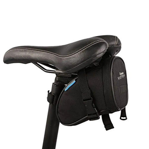 Under-seat view of 14 In 1 Bike Repair Tool Kit With Under Seat Saddle Bag For Road Mountain And Commuter Bikes attached to bike saddle.