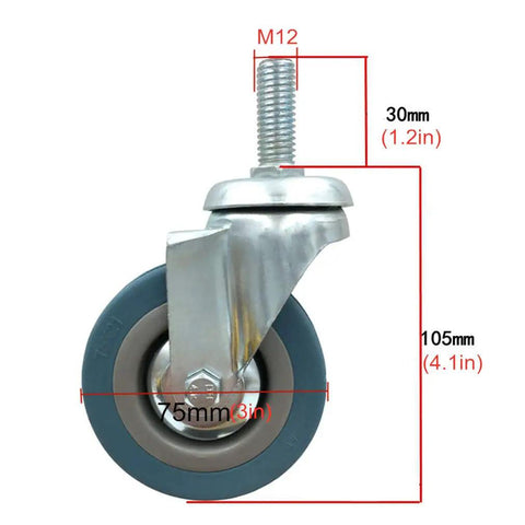 Top Tier Three Inch Rubber Swivel Casters Built Tough With A Premium Steel Core And Smooth As Butter 360 Degree Rotation, M12 stem and 75mm rubber wheel.