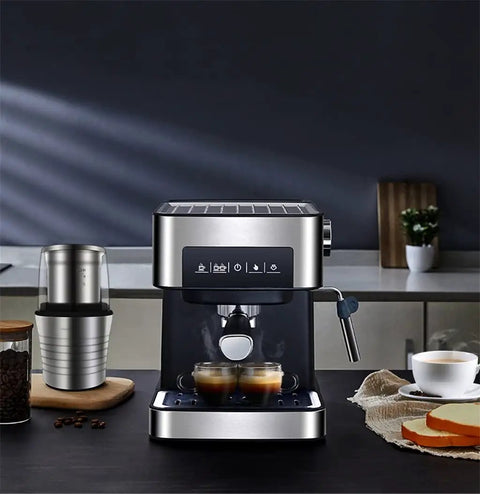 Top Shelf Electric Coffee Machine And Milk Frother Featuring Stainless Steel Build, dual espresso shots in transparent cups.