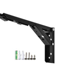 4 Pack Folding Shelf Brackets Heavy Duty White Adjustable 8 To 14 Inch with screws and plugs, collapsible black metal hardware
