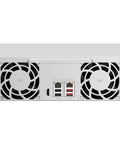 Back view of Heavy Duty 2U Rackmount Network Attached Storage Server Featuring Intel Celeron Processor And Eight Gigabytes Of Memory, with ports and fans.