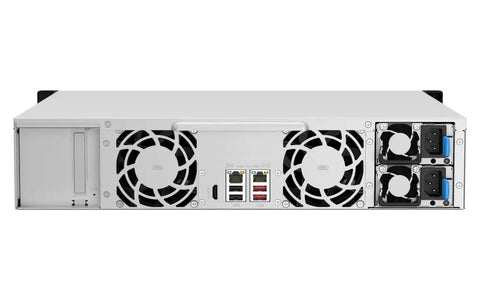 Back view of Heavy Duty 2U Rackmount Network Attached Storage Server Featuring Intel Celeron Processor And Eight Gigabytes Of Memory, with ports and fans.