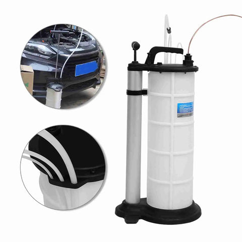 Slick Hand Pump For Quick Fluid Transfer! This 9L Manual Extraction Tool with a tank and hose is great for automotive fluid transfer.