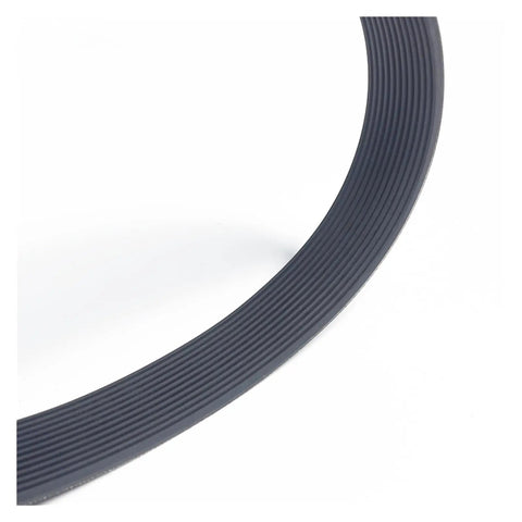 Built Tough Multi Wedge Drive Belt With High Modulus Rubber And Reinforced Cords For Industrial Machinery Featuring Low Stretch Construction viewed from a side angle.