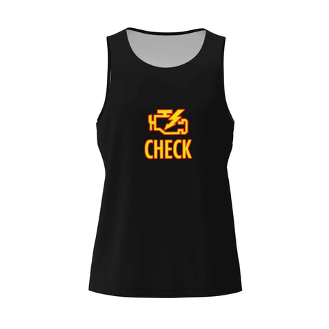 Men's Check Engine Mechanic Workout Tank Top, Black Sleeveless Gym Shirt with CHECK graphic design for workouts.