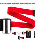 Heavy Duty Wall Mounted Retractable Belt Barrier With Magnetic Snap And Nine Foot Red Stanchion Rope in use, showing red webbing and stainless holder.