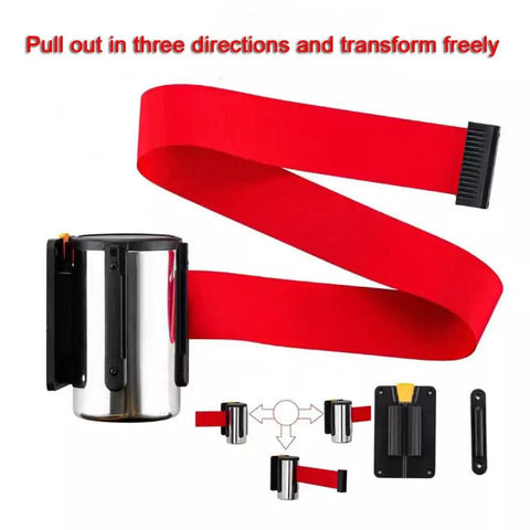 Heavy Duty Wall Mounted Retractable Belt Barrier With Magnetic Snap And Nine Foot Red Stanchion Rope in use, showing red webbing and stainless holder.