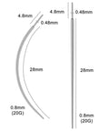 Diagram showing Two Piece Piercing Taper Set For 20G Flat Back Insertion Tools Stainless Steel Threadless Insertion Pins dimensions.