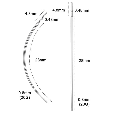 Diagram showing Two Piece Piercing Taper Set For 20G Flat Back Insertion Tools Stainless Steel Threadless Insertion Pins dimensions.