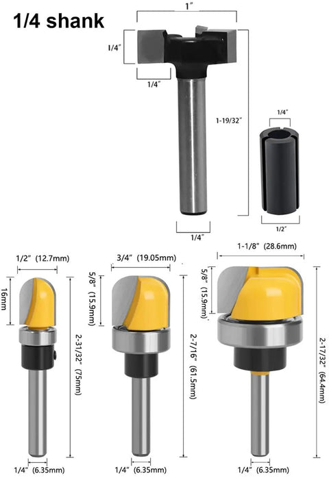 Slab Flattening Router Bit Set With Ball Bearing Dish For Bowls And Trays, YG6 carbide cutters, various sizes, one-quarter inch shank